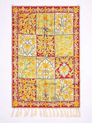 Tri-Color Floral Embroidered Wall-Hanging cum Carpet from Kashmir