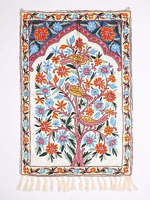 Lucent-White Kashmiri Wall Hanging cum Carpet with Embroidered Tree of Life with Perched Birds