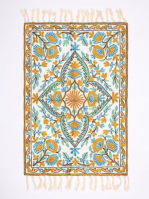 Snow-White Kashmiri Carpet with Chain Stitch Embroidered Multicolor Flowers
