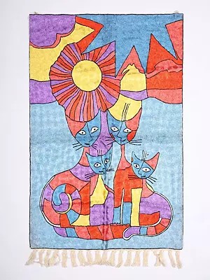 Multicolor Modern Art Wall-Hanging cum Carpet with Silk Thread Embroidered Cats Family