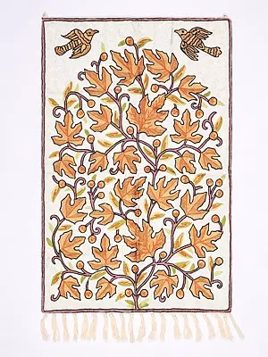 Wall-Hanging cum Carpet from Kashmir with Silk Thread Embroidered Maple Leaves and Flying Birds