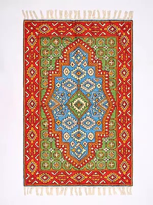 Carpet from Kashmir with Chain Stitched Embroidered Persian Patterns