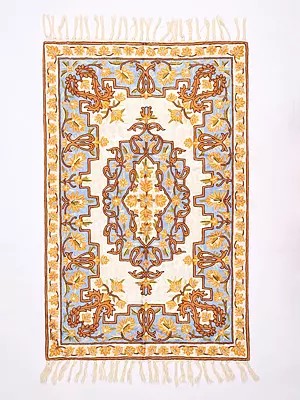 Blue and Yellow Kashmir Carpet from Chain Stitched Embroidered Paisleys and Flowers with Tassels