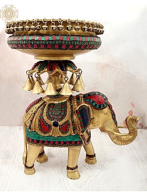21" Inlay Urli with Bells The Base of Royal Elephant | Handmade | Home Décor | Decorative Object / Accents | Brass | Made In India
