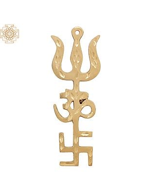 3" Brass Tri Shakti Pooja Yantra | Swastik Om Trishul Symbol | Handmade | Made in India