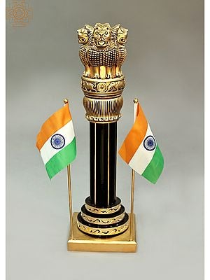 19" Ashoka Stambh Pillar Indian Flag Emblem Carved Figurine Ashok Chakra Showpiece
