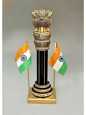 19" Ashoka Stambh Pillar Indian Flag Emblem Carved Figurine Ashok Chakra Showpiece  | Brass with Wood Showpiece | Handmade | Made In India