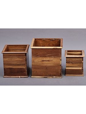 12" Set of Three Wooden Planters | Handmade Wooden Planters | Made in India