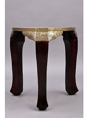 23" Triangle Shape Wood Stool with Brass Work | Wooden Sitting Table | Handmade | Made In India