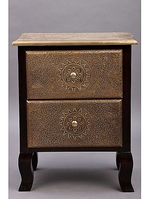22" Wooden Hand Carved Side Table with Two Drawers | Brass Work | Handmade Wooden Table | Made in India