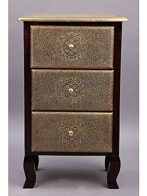 29" Wooden Side Table with Three Drawers | Brass Work | Handmade Wooden Table | Made in India
