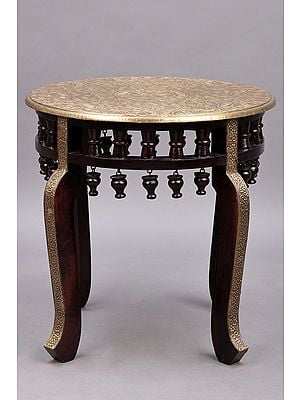 17" Round Wooden Stool with Brass Work | Wooden Sitting Table | Handmade | Made In India