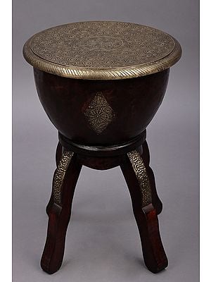 17" Wood Stool with Brass Carved Sheet Work | Wooden Sitting Table | Handmade | Made In India