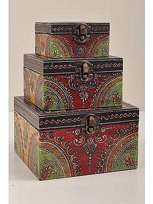 5" Set Of 3 Hand Painted Lattice Decorated Boxes | Mango Wood | Handmade | Made In India