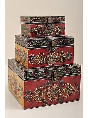 5" Set of 3 Hand Painted Lattice Decorated Boxes | Handmade Mango Wood Boxes | Made in India