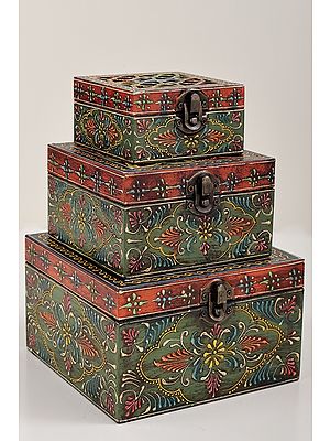 5" Set of 3 Hand Painted Lattice Decorated Boxes | Handmade Mango Wood Boxes | Made in India