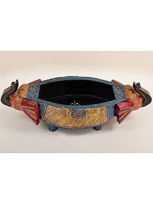 20" Hand Painted Elephant Decorated Boat | Mango Wood | Handmade | Made In India