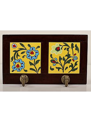 8" Decorative 2 Hooks Brown Wooden Key Holder | Handmade Art | Made in India