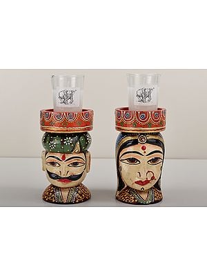 4" Decorative Wooden Rajasthani Men Women Face Candle Stand | Handmade Art | Made In India