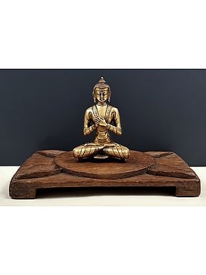 Brass Buddha Seated on Wooden Lotus Chowki (Pedestal ) | Handmade | Made In India