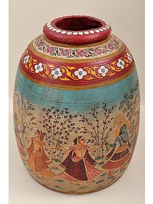 13" Hand Painted Krishna Rasa Leela Vase | Hand Painted Vase | Wooden Vase | Handmade Art | Made In India
