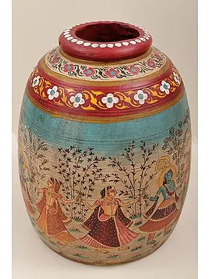 13" Hand Painted Krishna Rasa Leela Vase | Hand Painted Vase | Wooden Vase | Handmade Art | Made In India