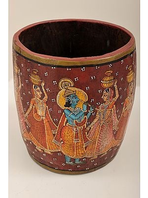 8" Hand Painted Krishna Rasa Leela Vase  | Wooden Storage Box | Rice Bucket  | Handmade Art | Made In India