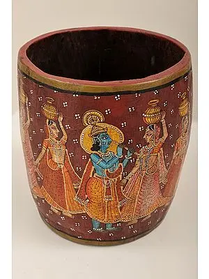8" 13" Hand Painted Krishna Rasa Leela Vase  | Wooden Storage Box | Rice Bucket  | Handmade Art | Made In India