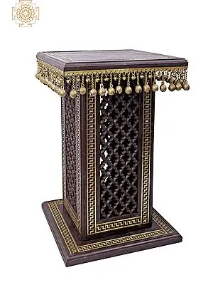 25" High Wooden Pedestal with Lattice, Brass Work and Ghungroos  | Wooden Pedestal | Handmade | Made In India
