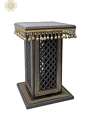 30" High Wooden Pedestal with Lattice, Brass Work and Ghungroos | Teakwood with Brass Inlay | Handmade | Made in India