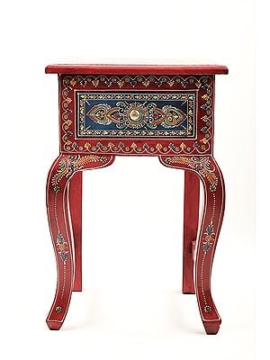 24" Decorative Hand Painted Wooden Side Table with Drawer | Wooden Side Table | Handmade | Made In India