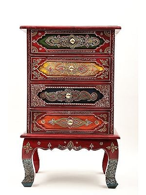 29" Hand Painted Wooden Side Table with 4 Drawer | Wooden Side Table | Handmade | Made In India