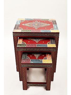 Set of 3 Decorative Hand Painted Wooden Stool | Wooden Sitting Table | Handmade | Made In India