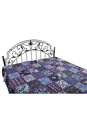 Blue-Jasper Patchwork Reversible Jaipuri Cotton Quilt with Floral Vines