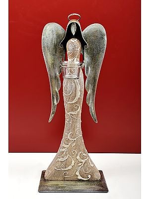 20" Wooden Angel with Golden Wings Candle Stand | Handmade