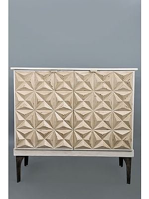 36" Tone Diamond White Carved with Two Drawer Design Wooden Cabinet | Handmade Art