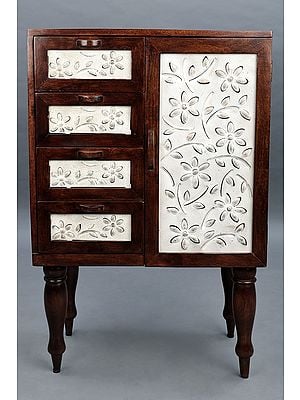 35" Flower Design Wooden Cabinet with Five Drawer | Handmade Art