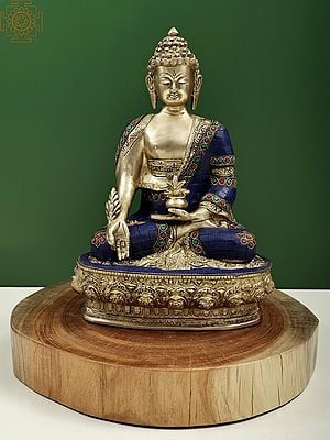 14" Medicine Buddha Seated on Wooden Pedestal | Handmade