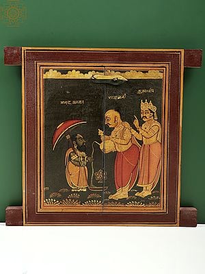 13" Hand Painted King Bali with his Guru Shukracharya and Lord Vamana Jharokha (Window) | Wooden Window | Handmade