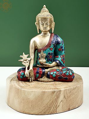 9" Medicine Buddha Seated on Wooden Pedestal | Handmade