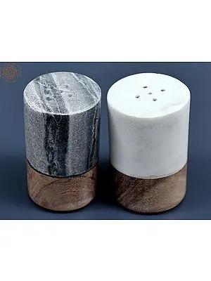 17" Set of 2 Marble And Wooden Namak Dani/Salt and Pepper Shaker | Handmade
