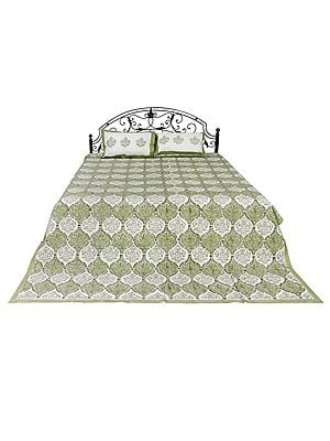 Pure Cotton Bedspread In Pastel Green And Red With Floral Block Print From Jaipur