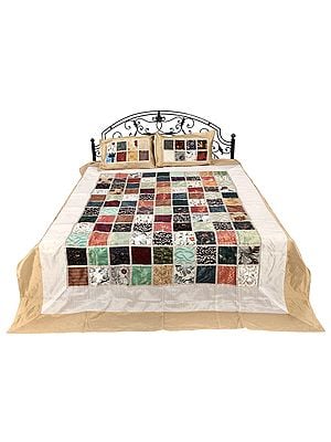 Art Silk Gold Print Multicolored Patch Work Bedcover In White And Gold Color From Jaipur