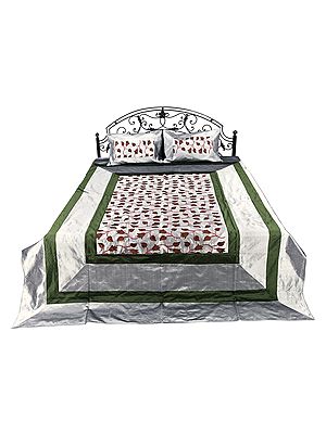 Art Silk Floral Embroidery Work Bedspread In Green And Gray Color From Jaipur