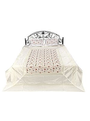 Sweet-Corn Art Silk Floral Embroidery Work Bedspread From Jaipur