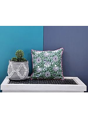 Malachite-Green Cotton Cushion Cover With Sanganeri Handblock Printing