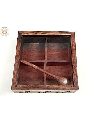 Square Shape Wooden Spice Box with Spoon | Handmade