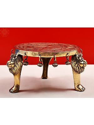 8" Small Brass Lion Leg Chowki with Ghungroo | Handmade