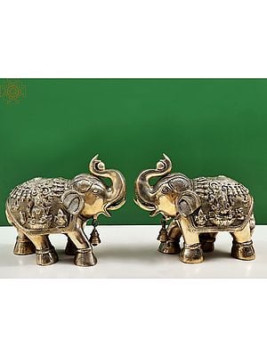 12" Brass Royal Elephant with Ganesha and Lakshmi Craving (Pair)| Handmade