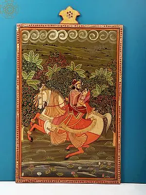 19" Hand Painted King and Queen Riding Horse Painting Wall Hanging